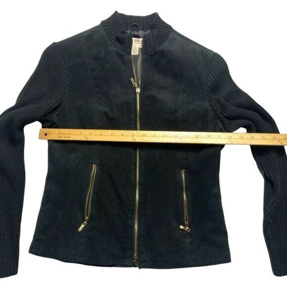 AMI Leather Moto Jacket Women Size Medium Black Suede Full Zip Up Pockets Bomber - Picture 9 of 13